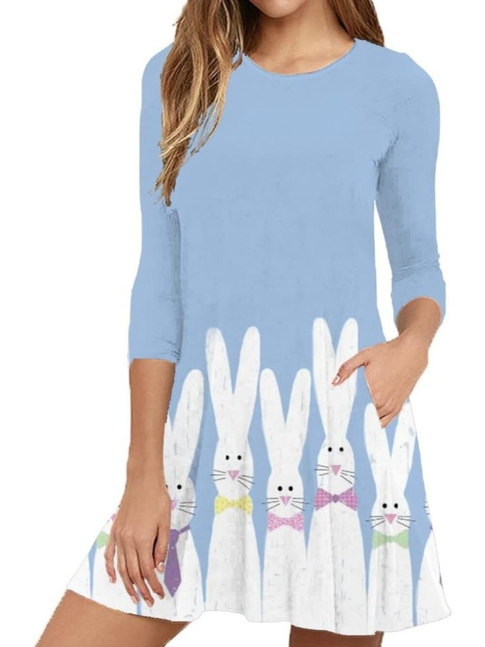 🆕Women's Easter Bunny Rabbit Light Blue Long Sleeve Swing Dress Pockets